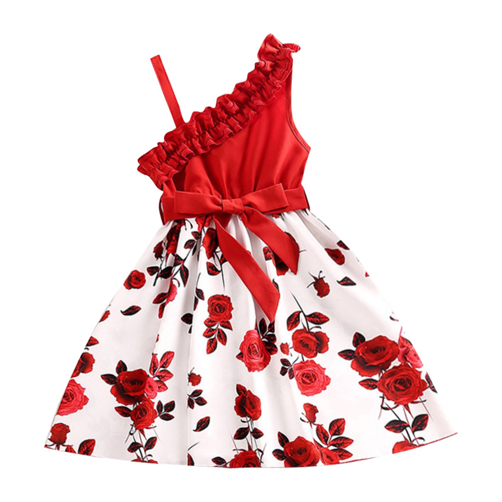 JSCDRPDWL Baby Girl Clothes Toddler Kids Baby Girls Summer Casual Sleeveless One Shoulder Strap Floral Pattern Dress Party Princess Dress Clothes Flower Girl Dresses for Wedding